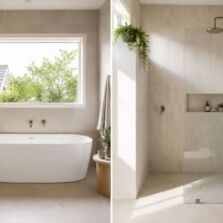 Split-screen bathroom comparison showing a back-to-wall bath on one side and a walk-in shower on the other