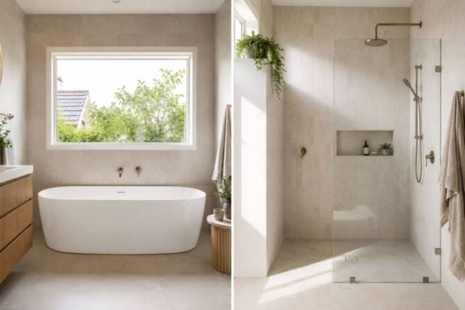 Split-screen bathroom comparison showing a back-to-wall bath on one side and a walk-in shower on the other