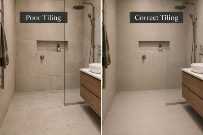 Split-screen bathroom comparison showing poor tiling with uneven grout lines beside correct tiling with a neat professional finish