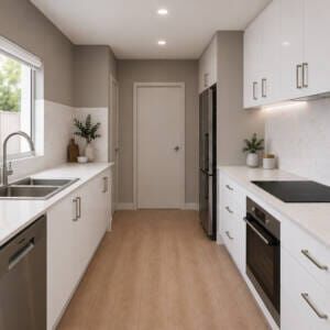 DIY stone benchtops & splashback in Golden Estatuario