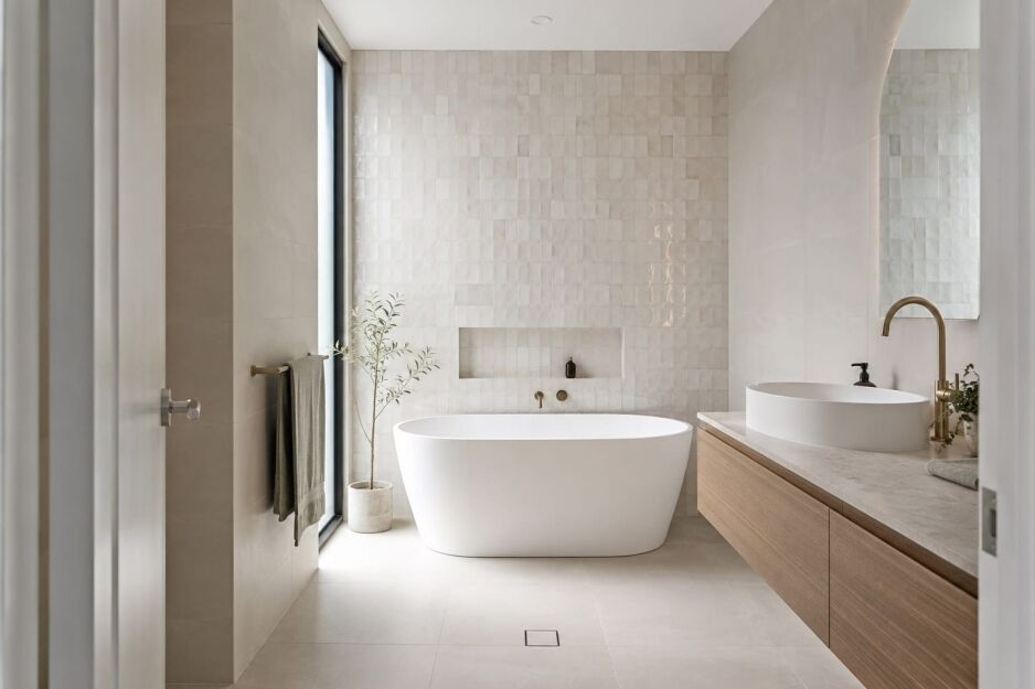 Feature tiles used on one focal wall in a modern Perth bathroom