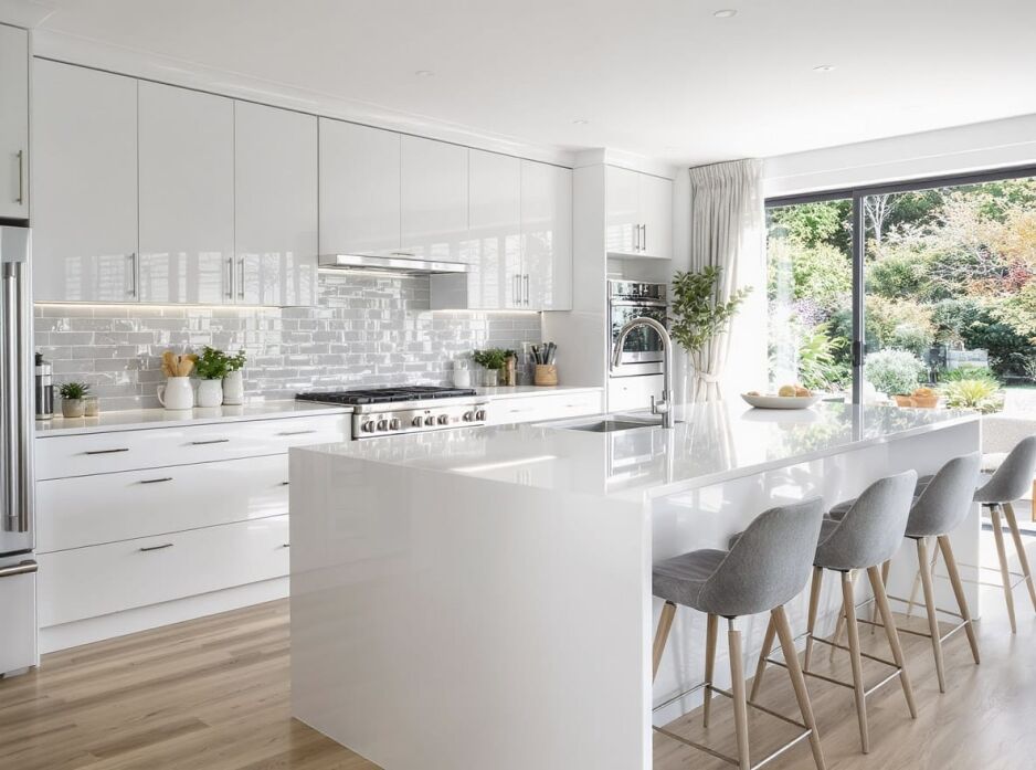 Modern white kitchen featuring gloss cabinets, sleek cupboards, and a large island bench with bar stools, showcasing contemporary Perth kitchen design
