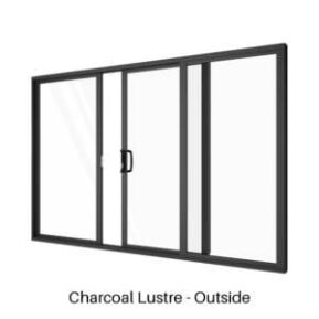 Single Centre Sliding Door with Two Fixed Lites Charcoal Lustre Outside Single Centre Sliding Door with Two Fixed Lites Charcoal Lustre Outside