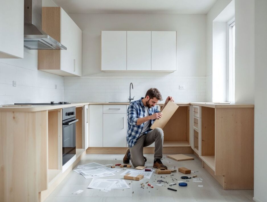 Man assembling flatpack kitchen cabinets during a home renovation, surrounded by tools and wooden panels in a modern white and wood kitchen