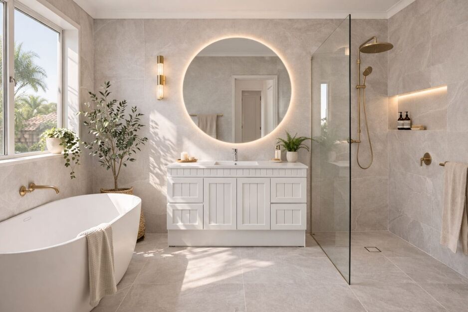 Bathroom renovation in Perth with freestanding bath walk-in shower and white cabinetry