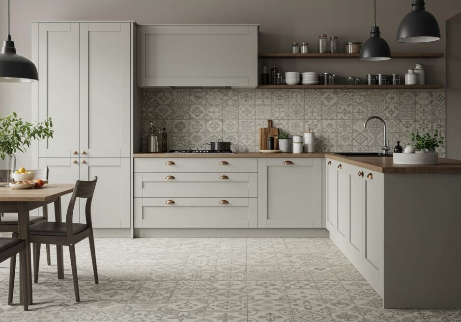 A modern kitchen featuring patterned tile ideas with a matching splashback and floor design in soft neutral tones, complemented by wooden countertops, matte cabinetry, and black pendant lighting.