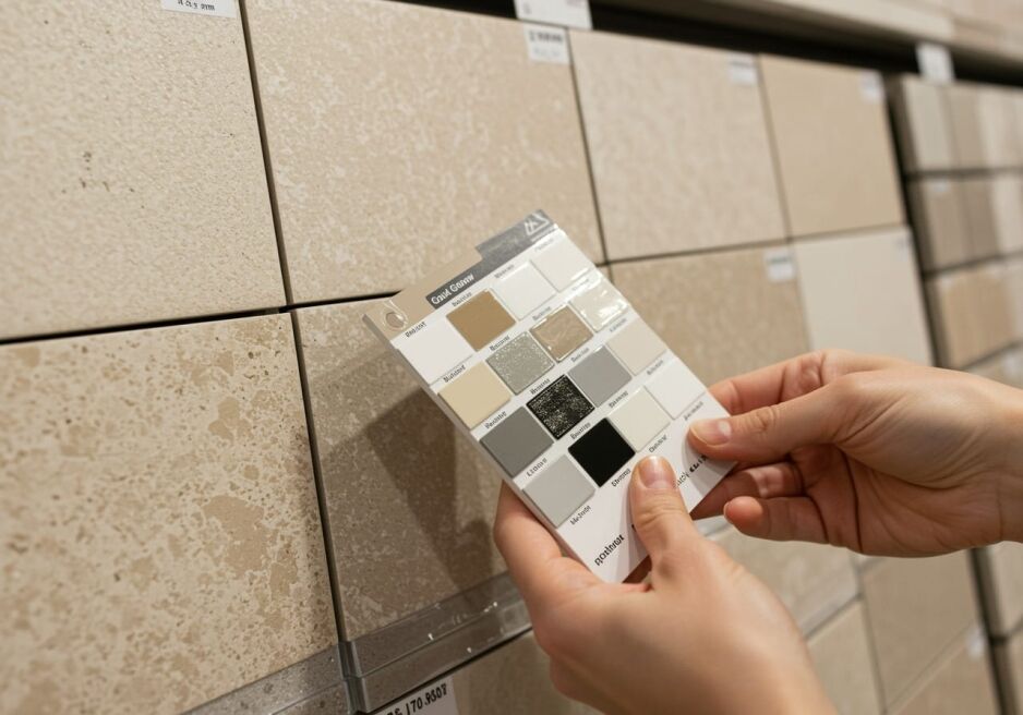 A person holding a grout colour swatch card against a beige tile to find a matching grout shade