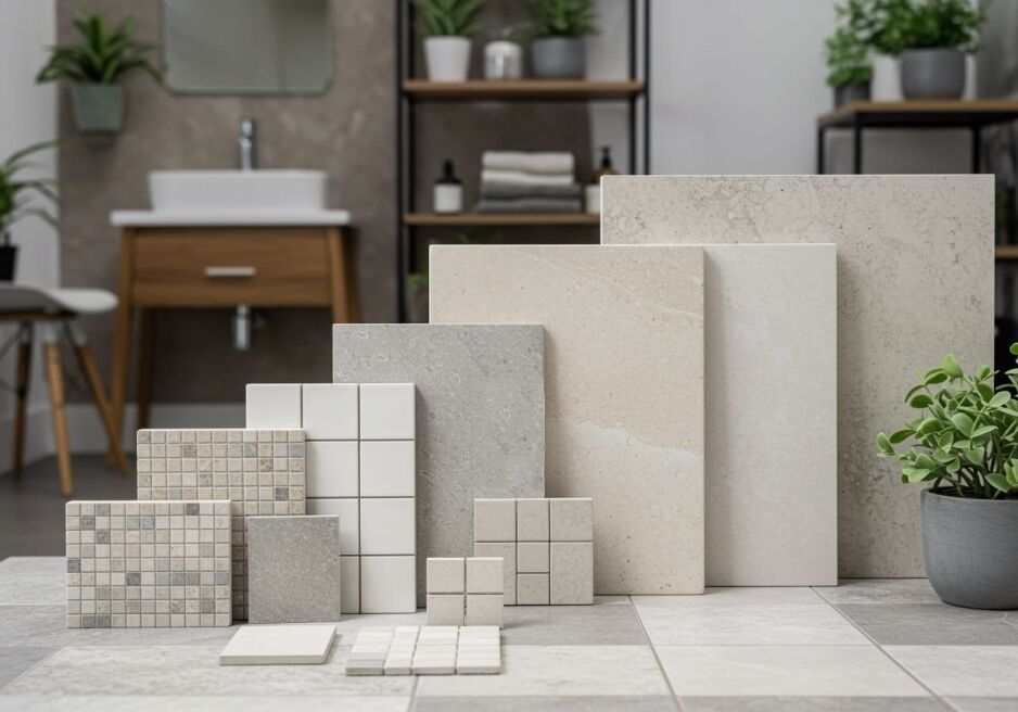 Comparison of different tile sizes displayed in a modern bathroom setting, showcasing small mosaics, subway tiles, and large-format tiles