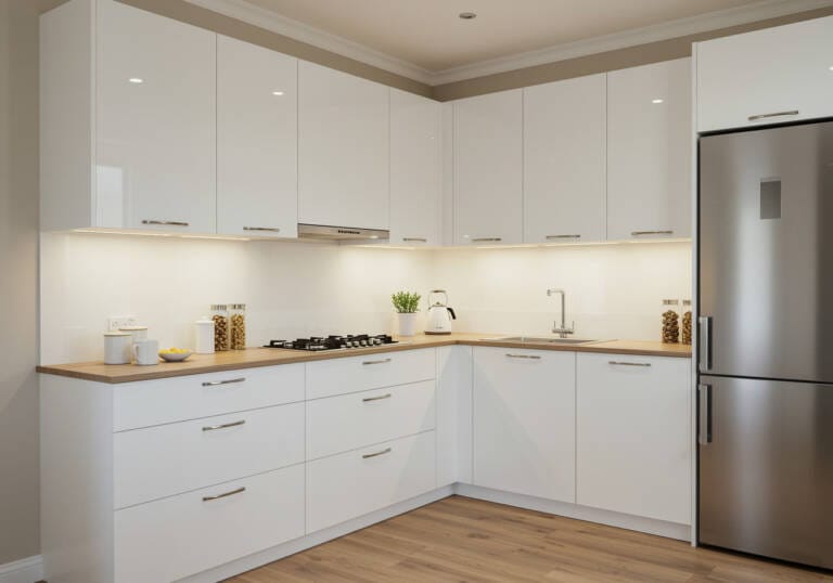 Modern kitchen showcasing various overhead kitchen cabinet types with sleek white gloss finish and warm wooden benchtop
