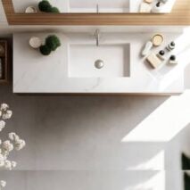 Modern vanity top with integrated basin in white marble-look sintered stone – ideal for contemporary bathrooms