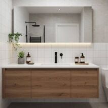 Modern bathroom vanity with perfectly placed mirror and wall-mounted tapware for balanced and functional design