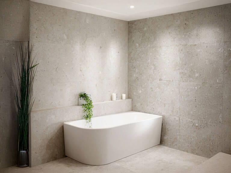 modern corner bath installed in bathroom with neutral tiles, showcasing left, right, and universal fit options