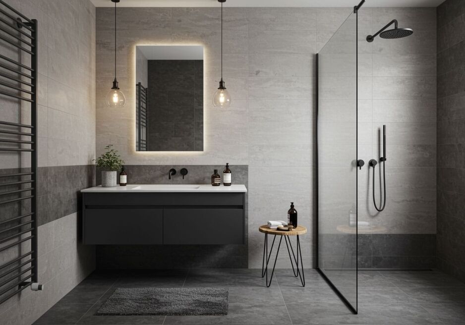 Small frameless vanity mirror above floating vanity in modern Perth bathroom