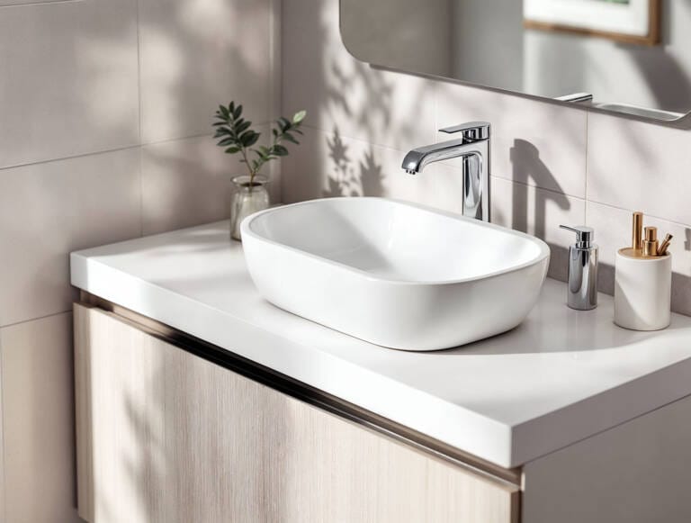 Modern white above-counter bathroom sink with chrome tapware on light timber vanity in bright Perth bathroom