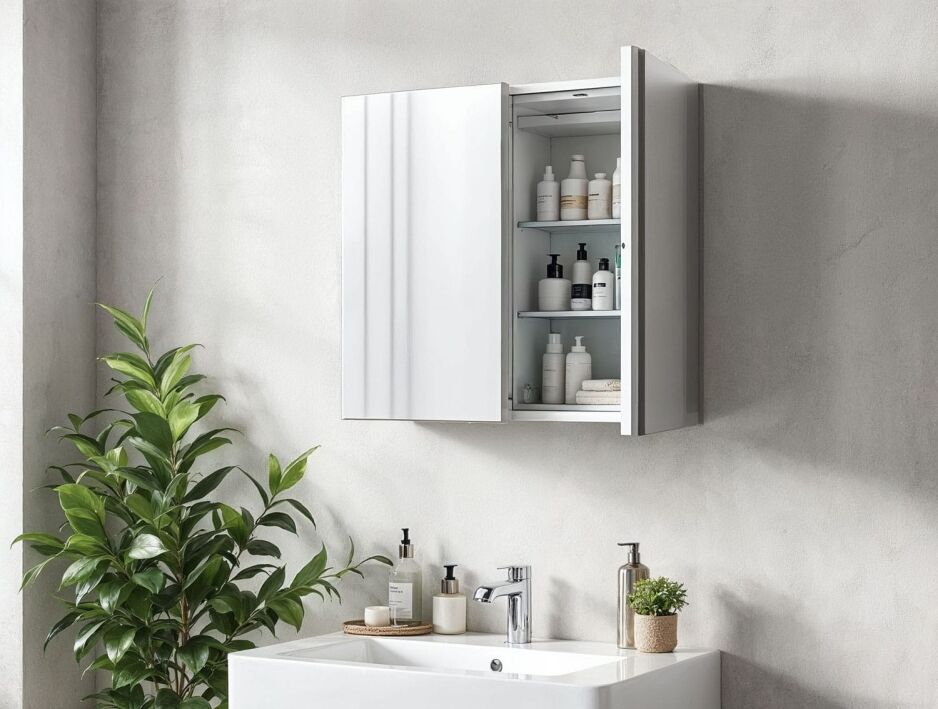 Modern bathroom mirror cabinet with open door showing organised shelves above white vanity and chrome tapware in Perth home