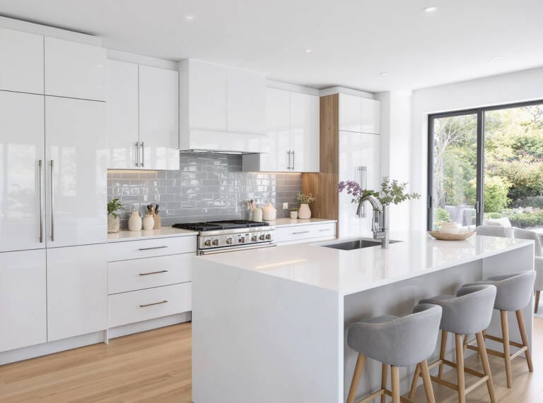 Modern kitchen cabinets for sale with gloss doors, chrome handles, grey tiled splashback, and marble-look island bench in Perth home