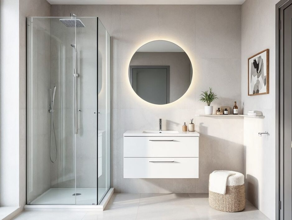 Modern small bathroom design idea with walk-in shower, floating vanity, and round LED mirror, showcasing a bright, minimalist space-saving design ideal for Perth homes