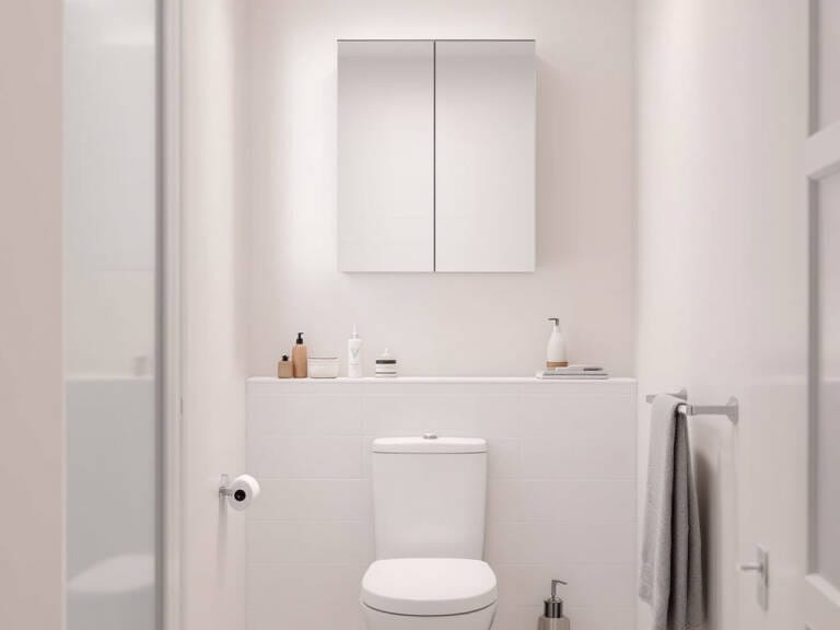 Compact toilet mirror cabinet installed above a white toilet in a minimalist powder room, showcasing modern space-saving bathroom storage ideas for Perth homes