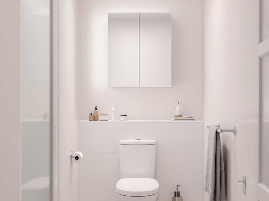 Compact toilet mirror cabinet installed above a white toilet in a minimalist powder room, showcasing modern space-saving bathroom storage ideas for Perth homes