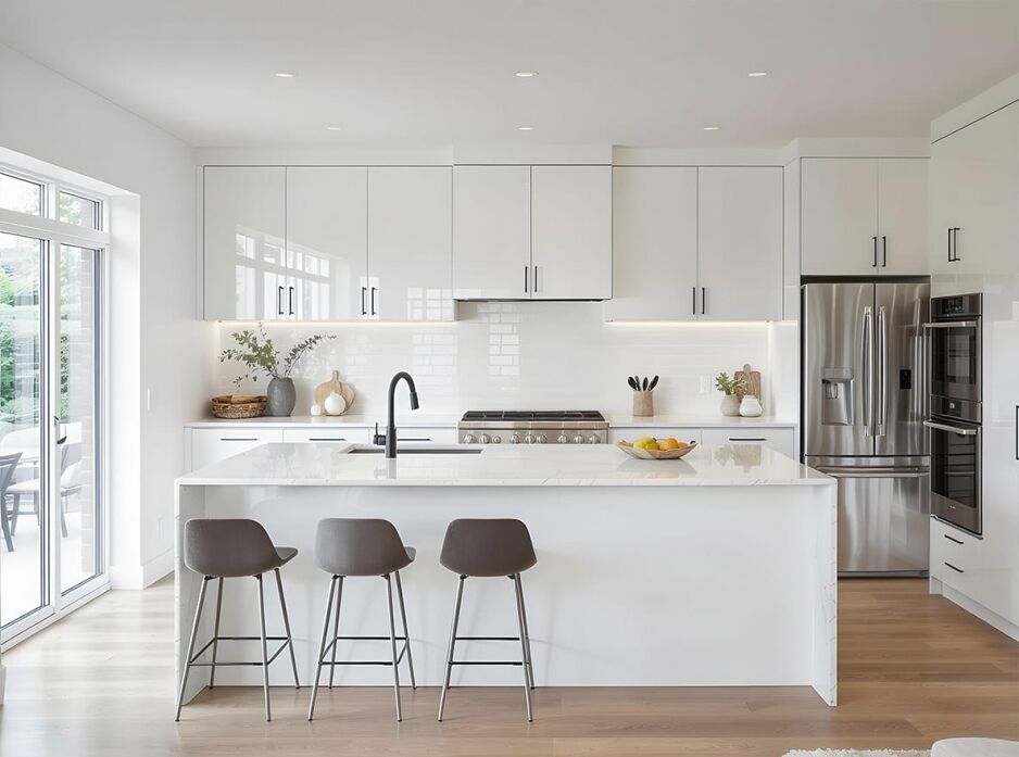 Modern white kitchen with sleek cabinetry and minimalist design, illustrating a practical kitchen cabinet buying guide for homeowners