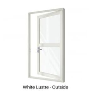 Single Front Entry Door with Single Horizontal Midrail White Lustre Outside