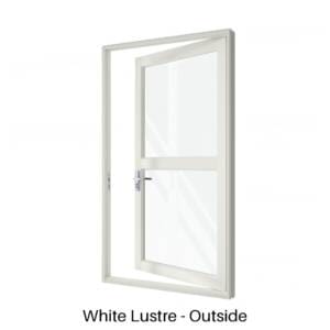Single Front Entry Door with Single Horizontal Midrail White Lustre Outside
