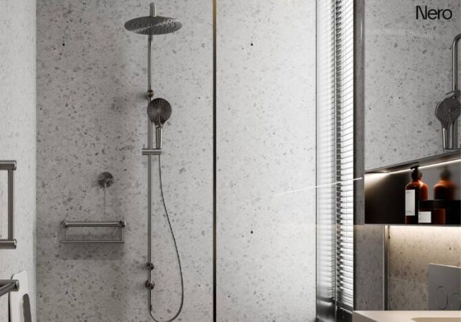 Integrated dual shower system with overhead rainfall shower and handheld shower on a single rail.