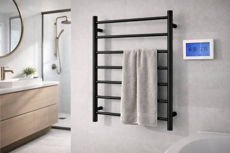 Matte black heated towel ladder with timer control installed in a modern bathroom