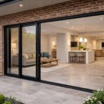 Black aluminium sliding stacker doors opening to a modern open-plan living and kitchen area with tiled flooring and brick exterior