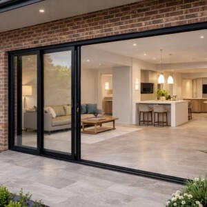Black aluminium sliding stacker doors opening to a modern open-plan living and kitchen area with tiled flooring and brick exterior