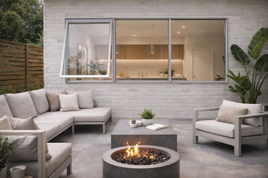 renovated outdoor living area with silver window replacement open to a contemporary kitchen interior, featuring patio seating, fire pit, and landscaped surroundings.