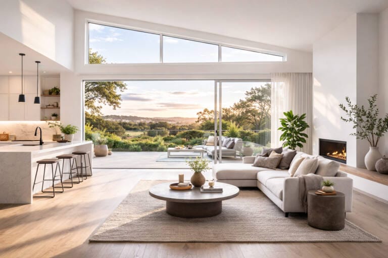Raked windows in a contemporary home showing sloped glazing and elevated ceiling design