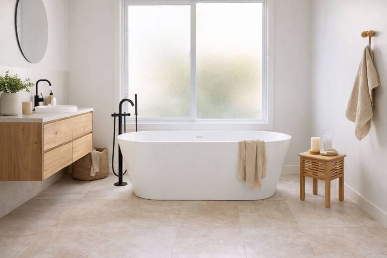Freestanding bath in a modern Australian bathroom showing typical bathtub size and layout