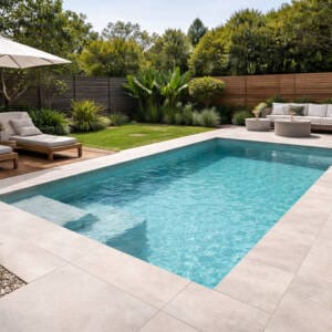 Porcelain outdoor tiles used around a modern Australian swimming pool