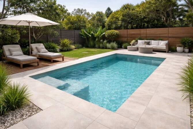 Porcelain outdoor tiles used around a modern Australian swimming pool