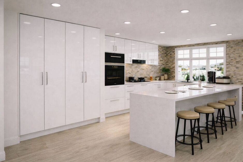 Tall kitchen pantry cupboards integrated into a modern Australian kitchen cabinet layout