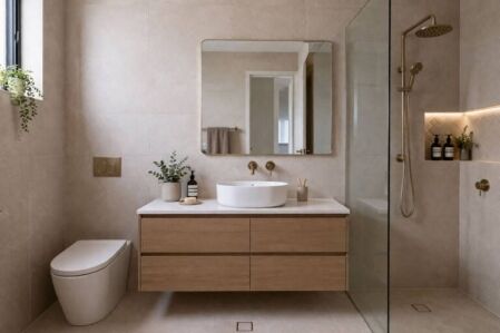 Renovated Perth bathroom with warm neutral tiles and brushed gold tapware showing the result of avoiding common renovation mistakes