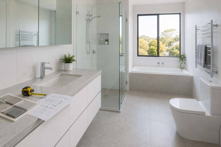 Bathroom renovation cost breakdown showing vanity tiles shower screen bath and tapware in a Perth bathroom