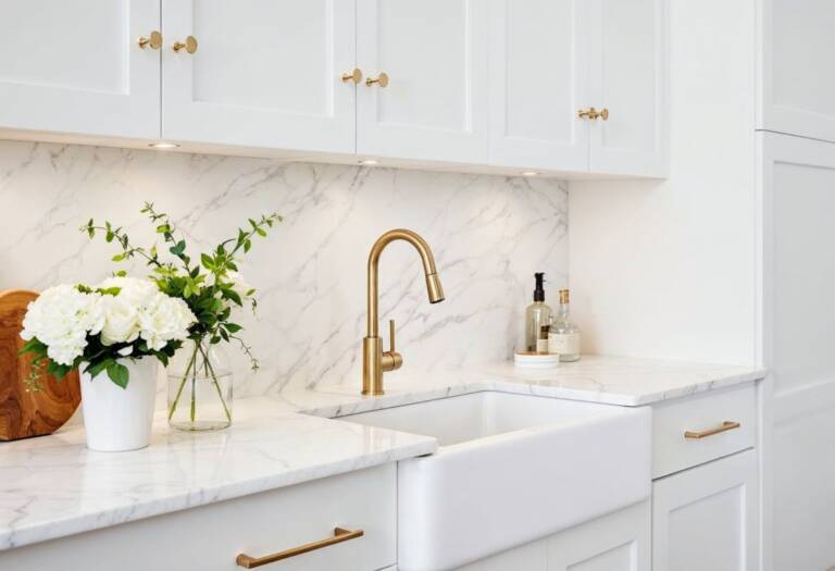 Modern kitchen with a brushed gold mixer tap, marble countertop, and minimalist matte white cabinetry
