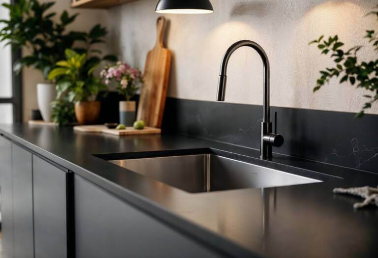 A dark modern kitchen featuring a stainless steel underbench sink integrated into a black benchtop. The setup includes a black mixer tap, warm lighting, and natural wood decor elements