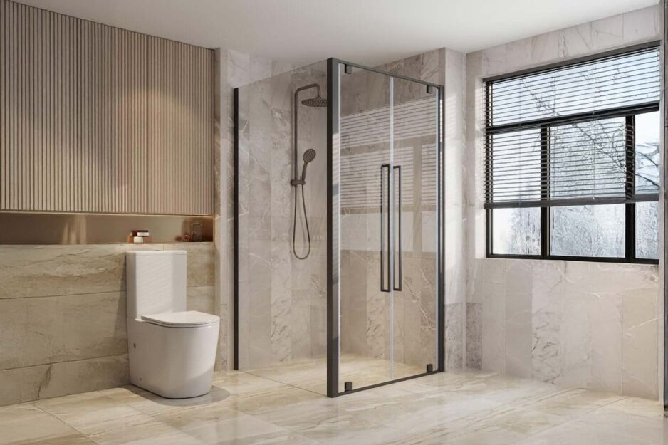 bathroom with stock double pivot shower screen black