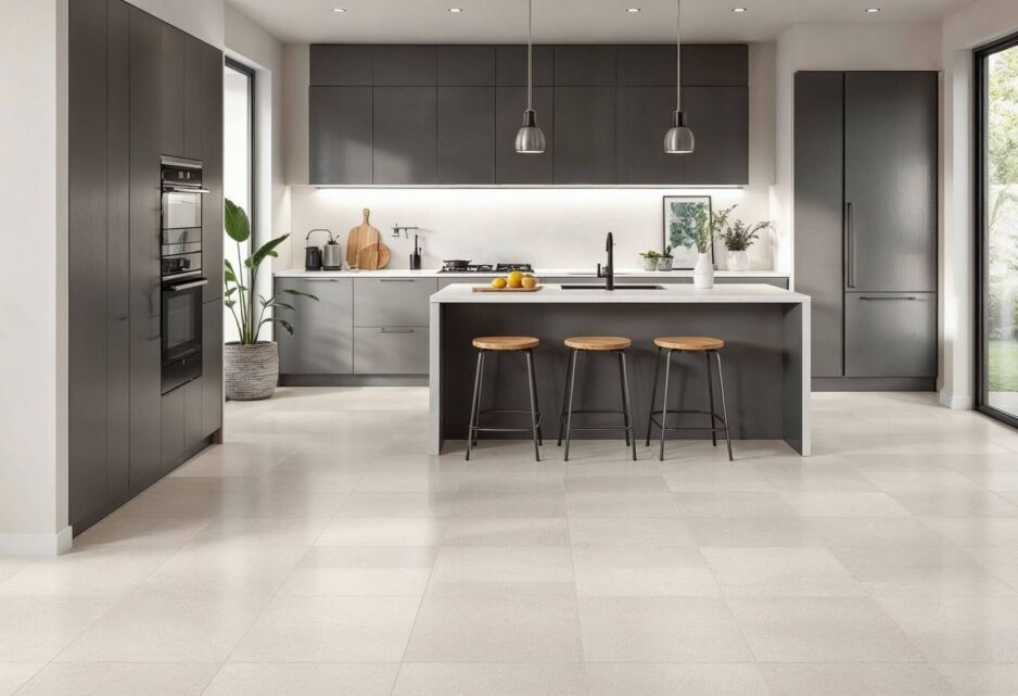 Modern kitchen with neutral-toned porcelain floor tiles, featuring a stylish island, dark cabinetry, and pendant lighting – best kitchen floor tiles for durability and design