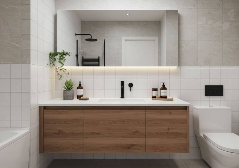 Modern bathroom vanity with perfectly placed mirror and wall-mounted tapware for balanced and functional design