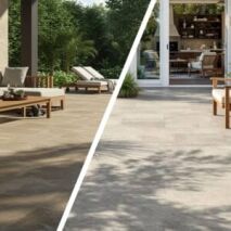 Side-by-side comparison of stone look tiles and natural stone tiles in outdoor patio settings
