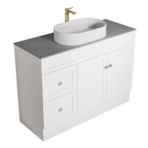 vanity unit wth cement grey sintered stone vanity top