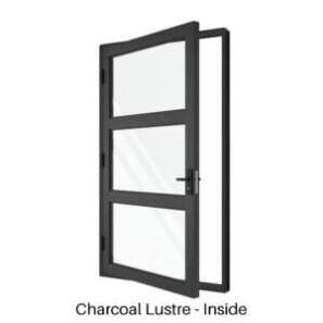 Single Front Entry Door with Double Horizontal Midrails Charcoal Lustre Inside