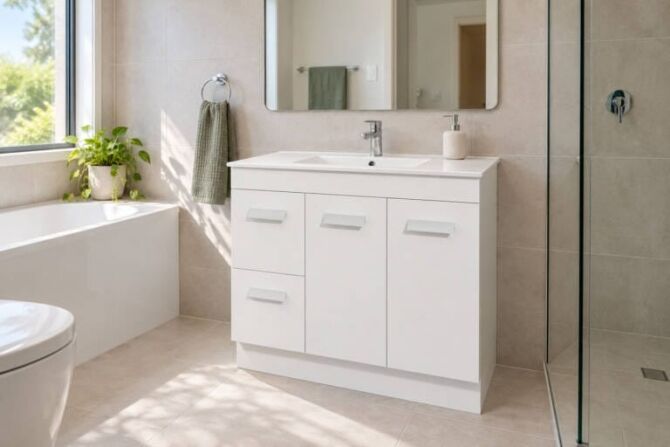 White gloss cheap bathroom vanity with integrated basin and drawers in a renovated Perth family bathroom