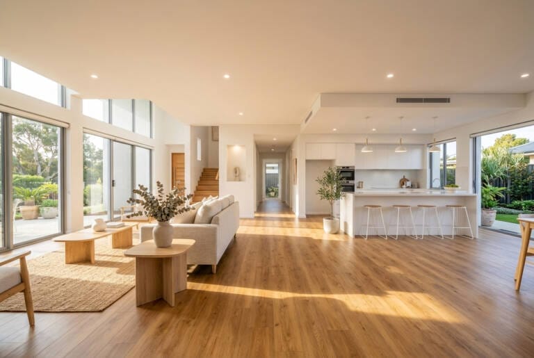 High-quality, durable SPC hybrid flooring installed throughout an open-plan living and kitchen area of a Perth rental property