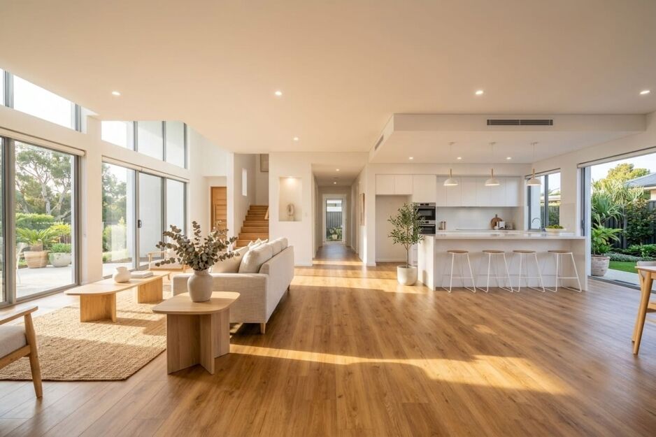 High-quality, durable SPC hybrid flooring installed throughout an open-plan living and kitchen area of a Perth rental property