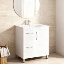 Cheap bathroom vanity in a modern Perth bathroom with white cabinet, integrated basin and round mirror